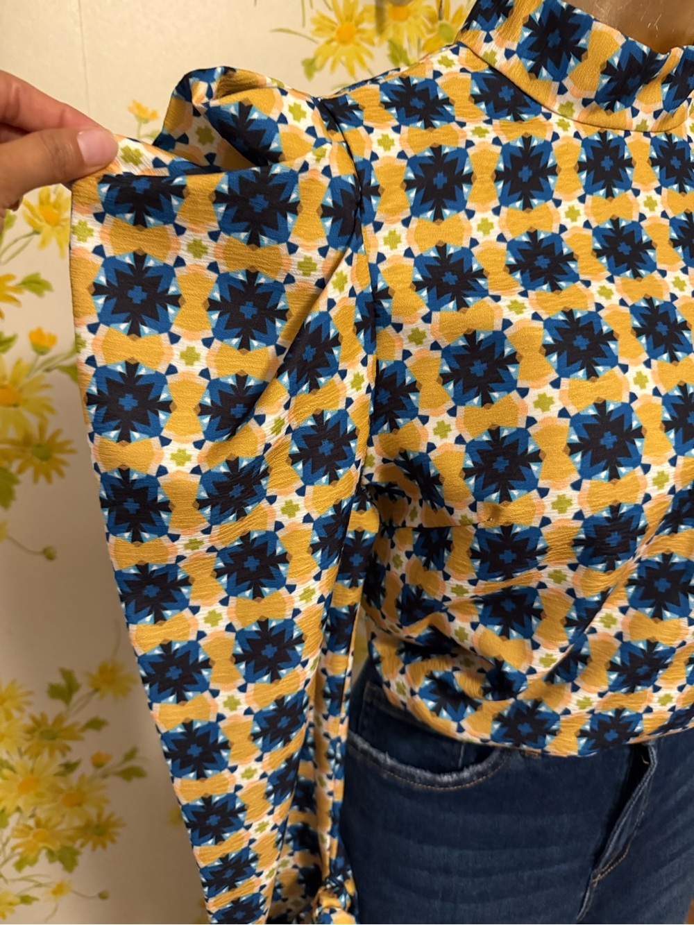 Ina Yellow and Blue High-Neck Puff Sleeve Blouse size M - Picture 5 of 15